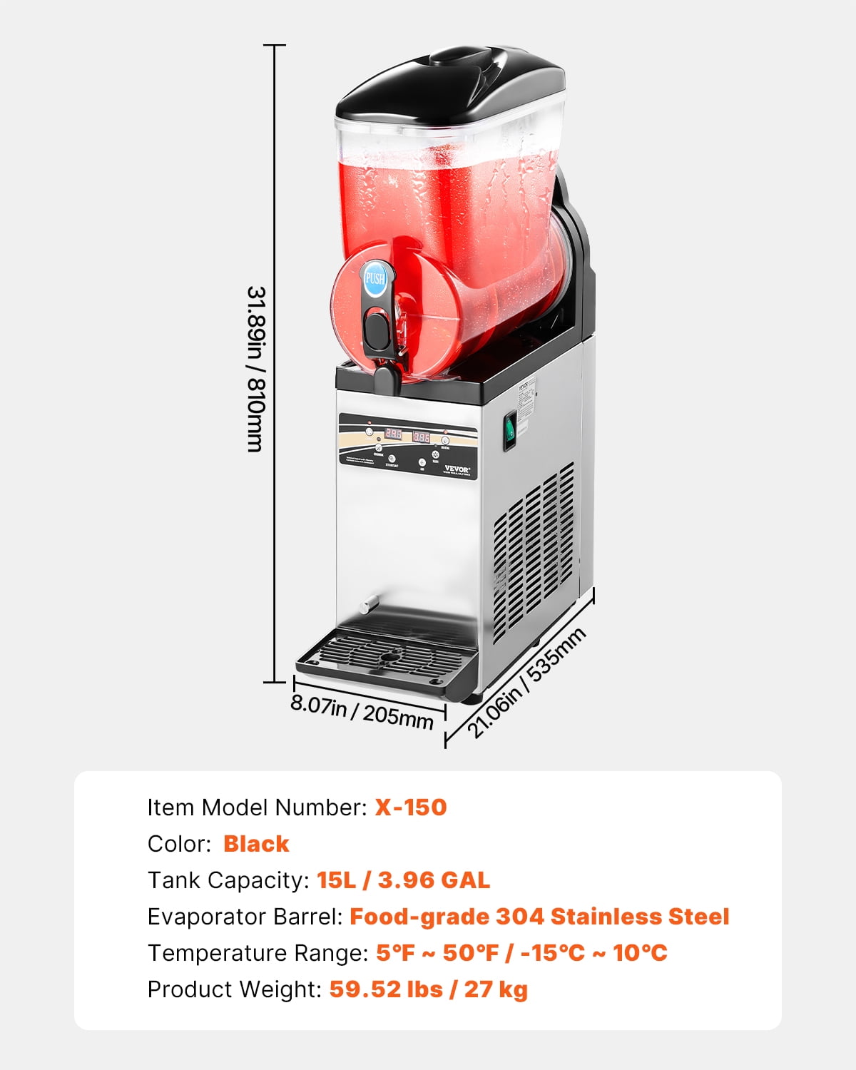VEVOR Commercial Frozen Drink Maker, 15L Single Tank Slushy Machine, 60 Cups Stainless Steel Margarita Smoothie Frozen Drink Machine, Slushie Maker