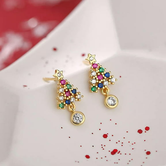 GKNET Luxury Colorful Zircon Christmas Tree Earrings Stud Drop Dangle Women Jewellery
