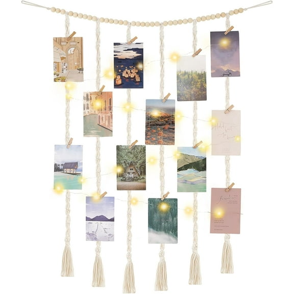 Macrame Hanging Photo Display Wall Decor with String Lights, Boho Wooden Beads Garland Picture Frame Holder with 30 Clips for Bedroom Living Room Dorm, Teen Girls Christmas Gifts