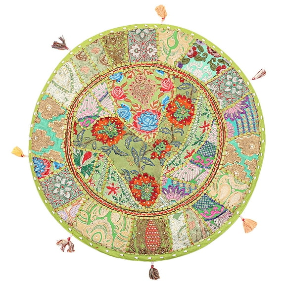 Stylo Culture Indian Outdoor Floor Cushion Cover Vintage Patchwork Round Yoga Pillow Case Parrot Green Big Sitting Pillows 22" Decorative Decor Seating Tuffet Seat Pouf Cover Cotton Embroidered 1 Pc