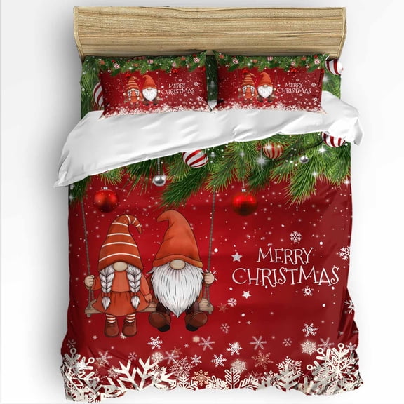 Christmas Gnome King Size Comforter Set, Snowflake Xmas Ball Evergreen Bough Red Soft Bedding for All Seasons, 4 Pcs Bed Set with 1Comforter (90"x106") ,1 Sheet(94"x116"), 2 Pillowcases (19"x35")
