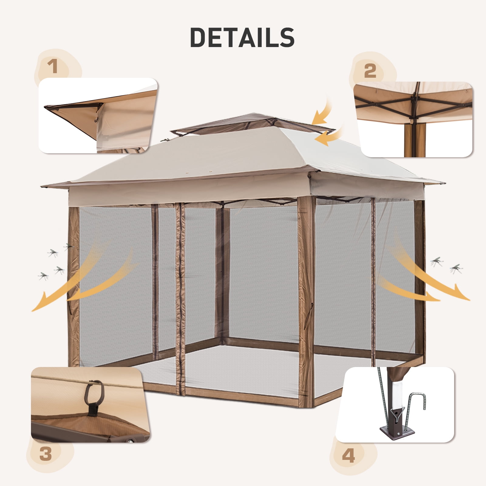 EAGLE PEAK 11x11 Pop Up Gazebo with Mesh Netting, Easy Up Screened Canopy for Patio and Backyard(Tan)
