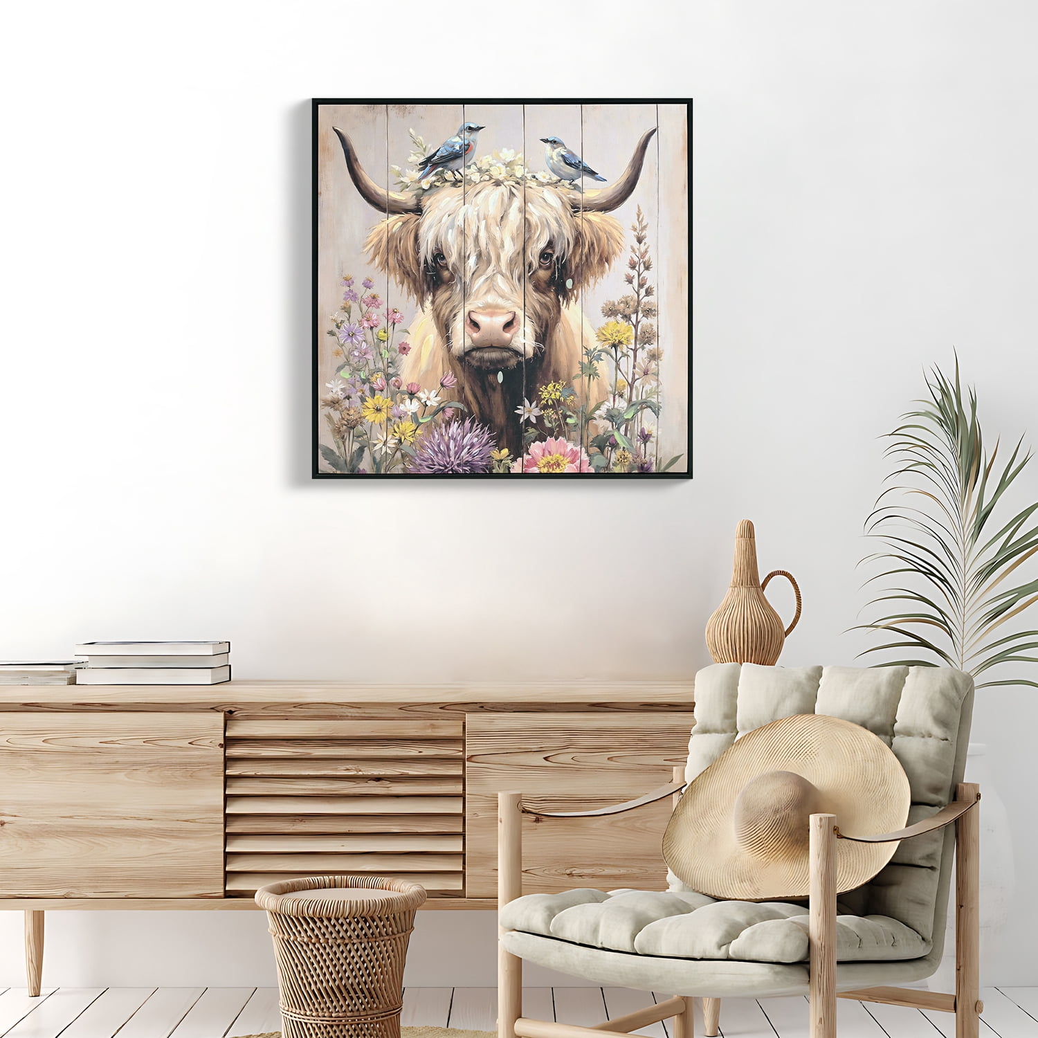 MOONMISS 24x24 Farmhouse Highland Cow Canvas Art Rustic Chrysanthemum Neutral Living Room Bathroom Kitchen Decor