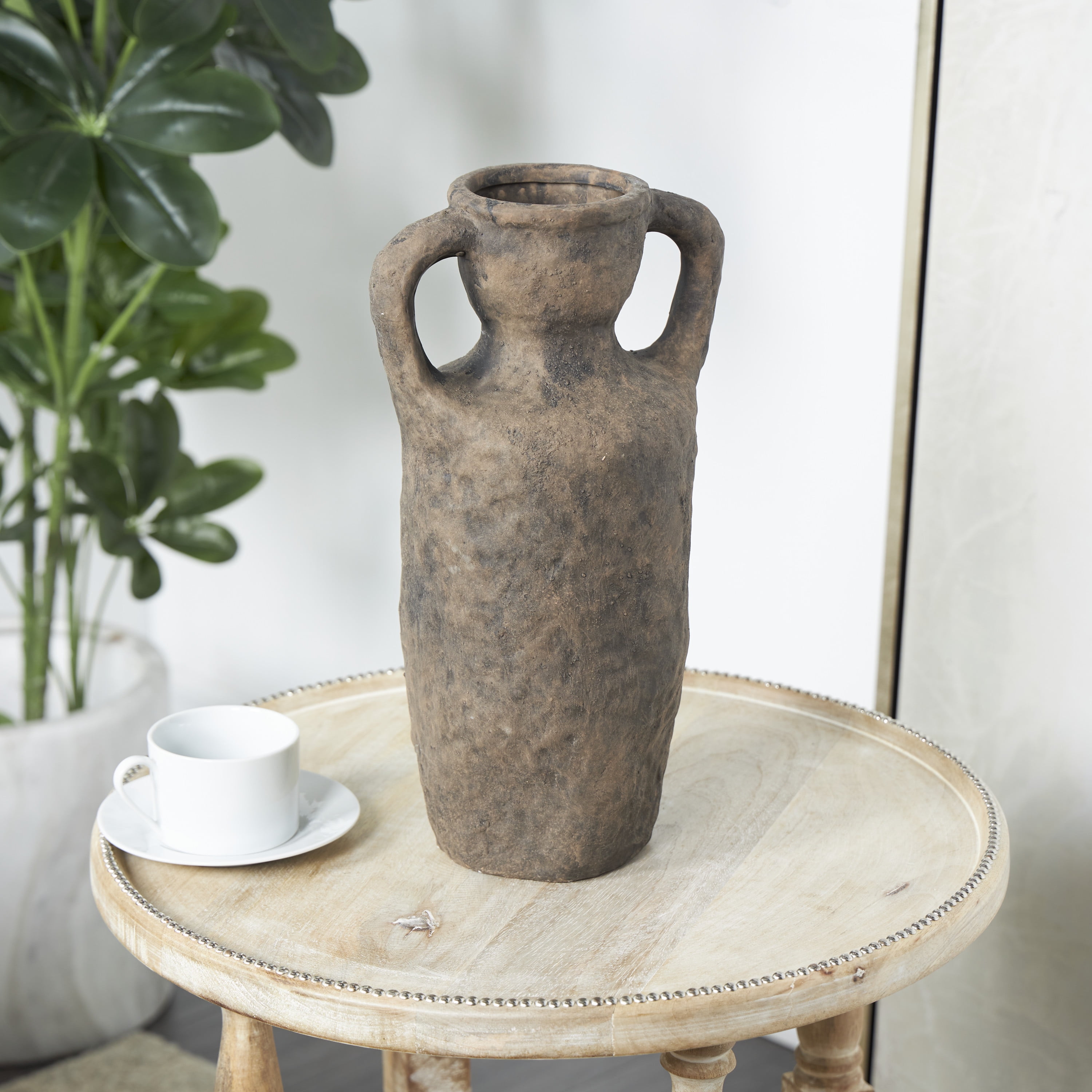 DecMode 16" Handmade Textured Dark Brown Ceramic Vase with Two Wide Handles