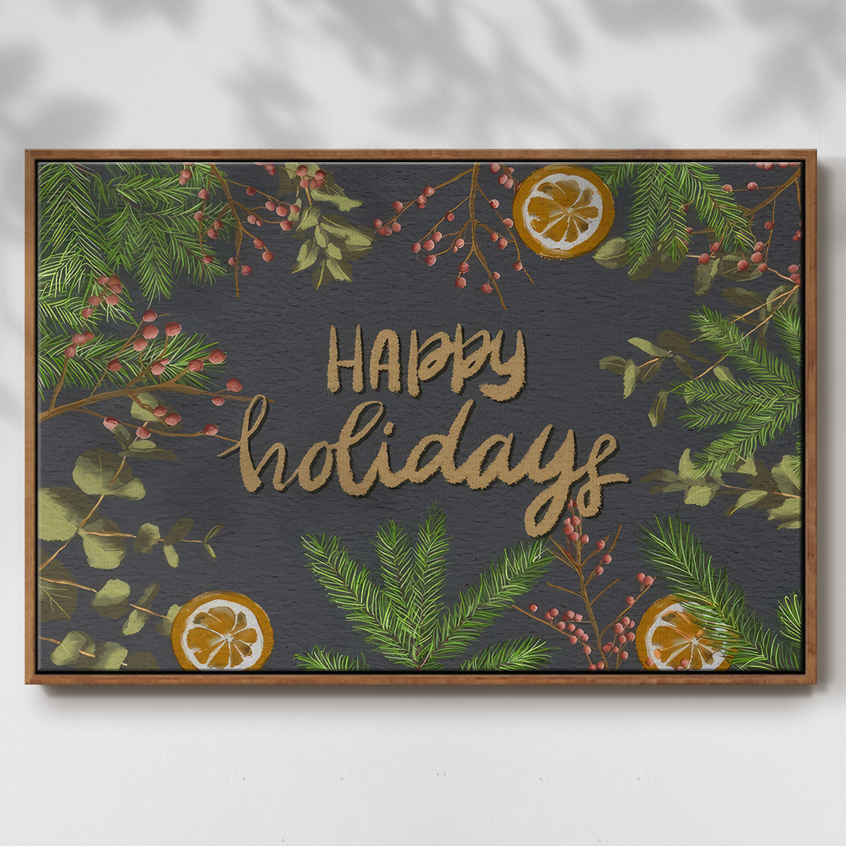 Holiday Sentiment II - Framed Gallery Wrapped Holiday Canvas - 27 x 41 - Rosewood Frame