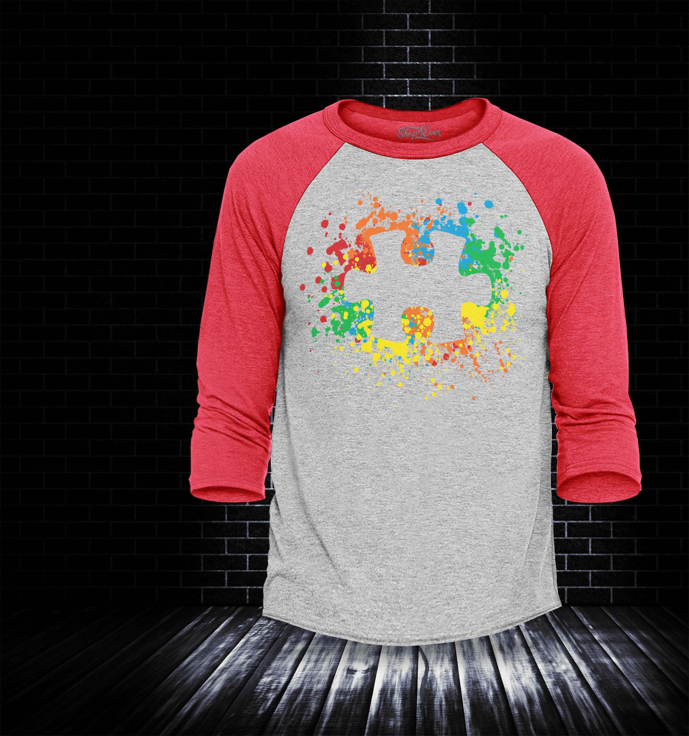 Shop4Ever Men's Autism Awareness Splatter Paint Puzzle Piece Raglan Baseball Shirt Medium Black/White