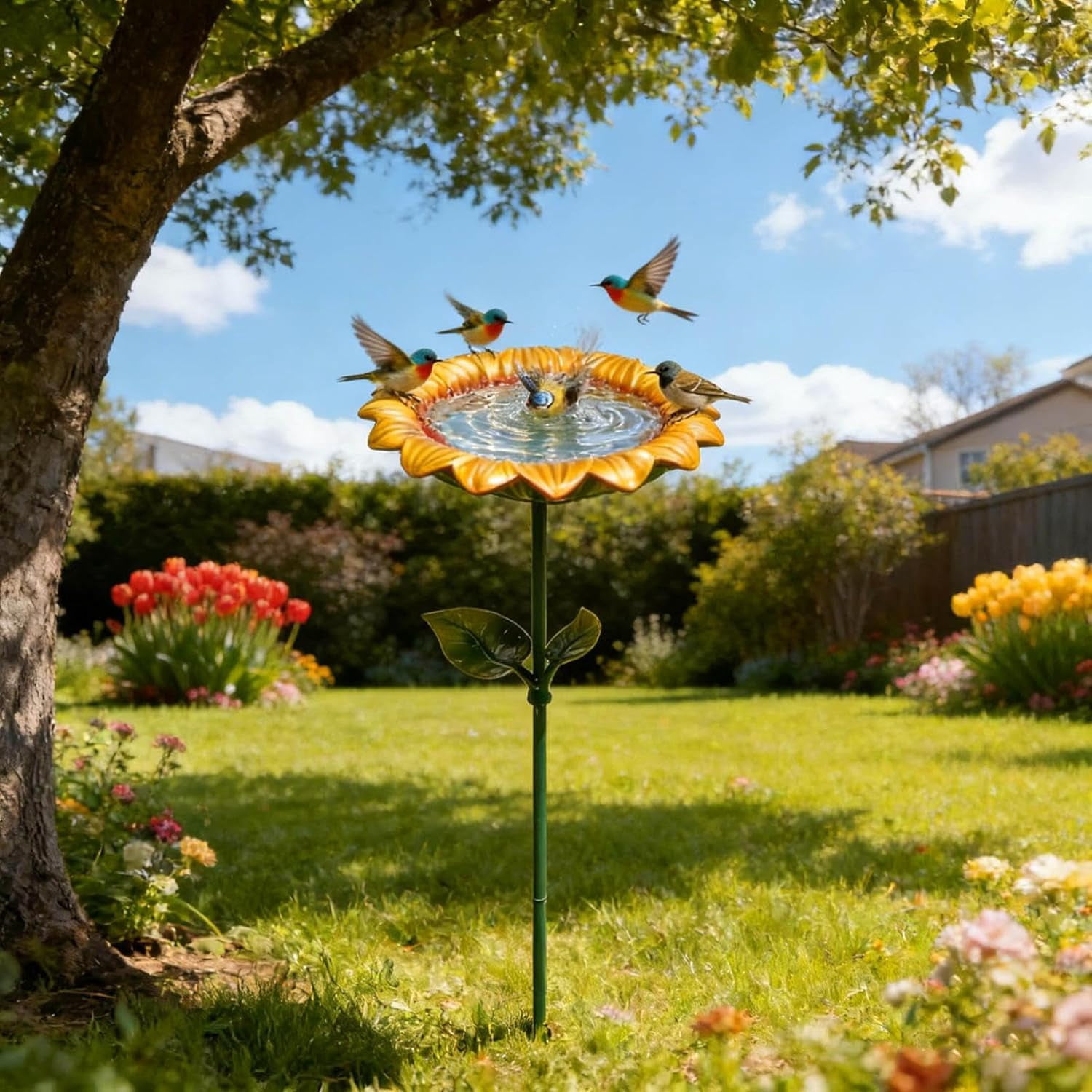 Metal Sunflower Bird Bath with Stake, Small Outdoor Water Feeder for Wild Birds, Garden Patio Yard Lawn Decor