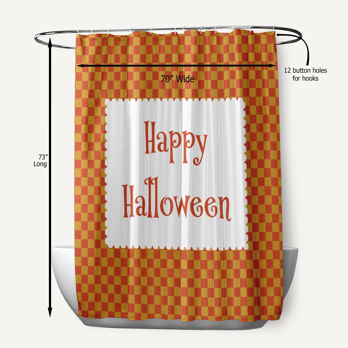 Simply Daisy 70" W x 73" L Halloween Happy Halloween Checks Polyester Shower Curtain, Rust [1 Ct]