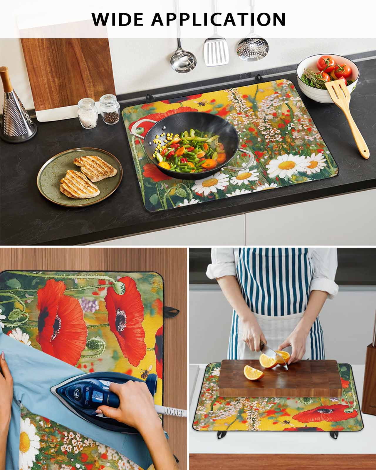 nqOlkjepod Large Induction Cooktop Protector Mat 24"x21", Spring Botanical Stove Top Covers for Electric Stove, Modern Watercolor Daisy Poppy Flower Bees Stove Burner Cover Mats Stove Cover