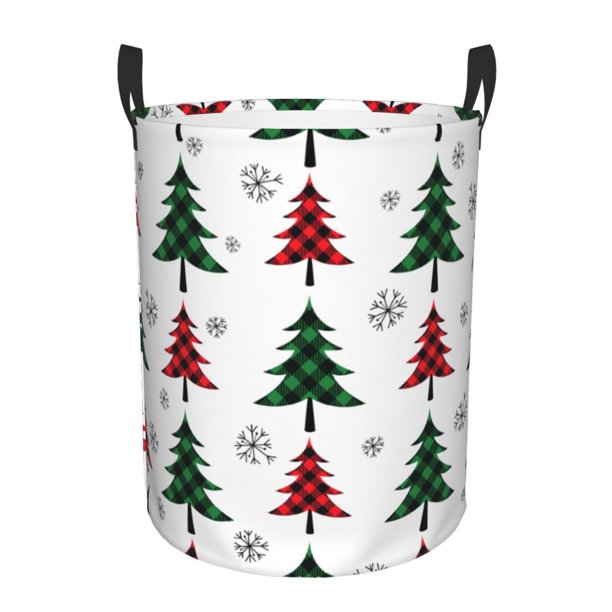 Balery Buffalo Plaid Christmas Trees Cesta de ropa redonda con asas, impermeable, independiente, para ropa, juguetes, dormitorio y familia-Medium