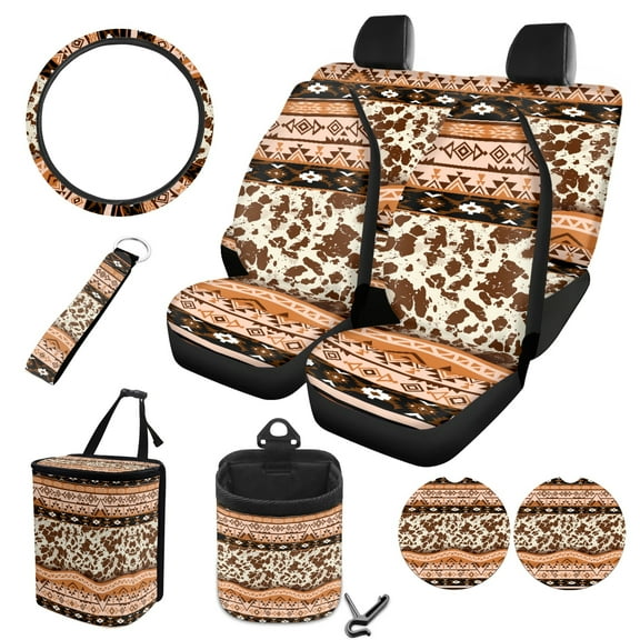 FOR U DESIGNS Leopard Pattern 10 Pack Car Seat Cover Full Sets Comfortable Car Seat Protector Steering Wheel Cover Vehicle Car Trash Can Air Vent Pouch Coaster Keychain Automobile Interior Sets