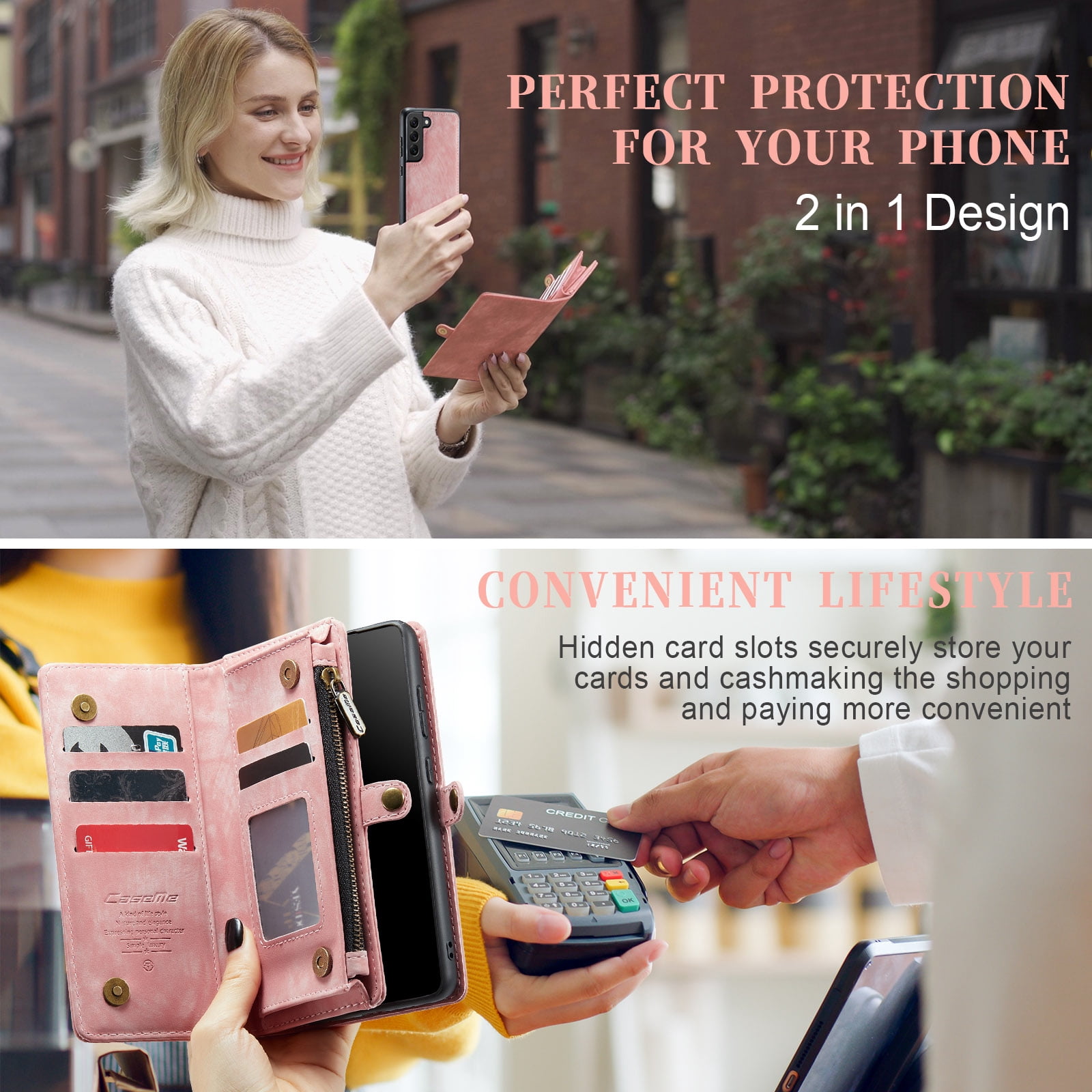 Feishell Durable 2-In-1 Magnetic Detachable Wallet Case for Samsung Galaxy S22,for Women Men,Premium PU Leather Zipper Pocket Flip Multi Card Slots Purse Phone Case with Wrist Strap,Pink