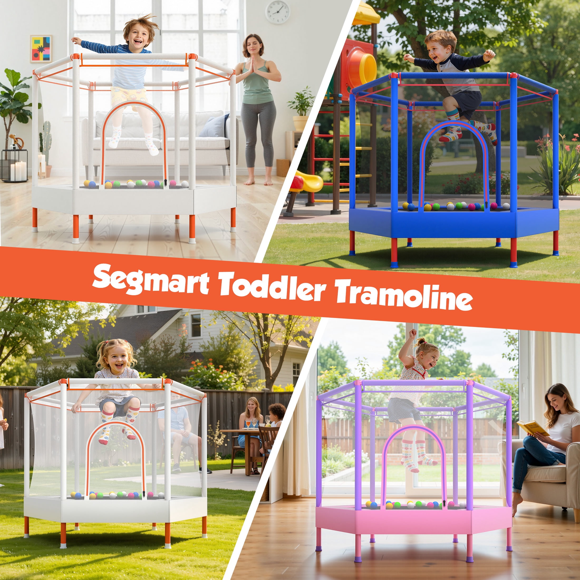 Mini Trampoline for Kids with Safety Enclosure Net, 55" Toddler Trampoline with No-Gap Safe Design, Segmart Recreational Trampolines for Birthday Gifts, Rebounder Trampoline with Ocean Balls