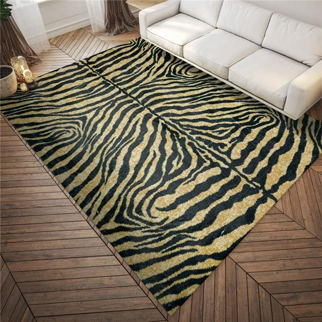 HomeRoots 491634 5 x 8 ft. Black & Gold Animal Print Shag Handmade Non Skid Rectangle Area Rug