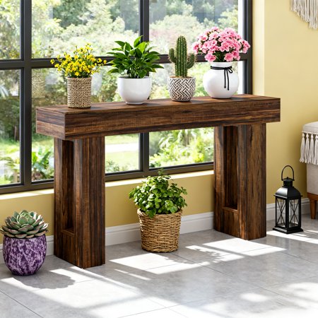 KIOOTTO 63” Rustic Brown Farmhouse Console Table - Solid Wood Grain Rectangular Sofa Table for Entryway Hallway Living Room & Dining Room.