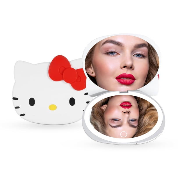 Impressions Vanity Hello Kitty Espejo compacto LED para bolso de viaje Espejo de maquillaje iluminado con aumento de 3X Brillo ajustable Botón de sensor de tacto suave y diseño en forma de figura de H