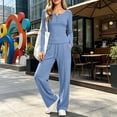 thumbnail image 6 of QIYAGBSA 2 Piece Sets for Women Long Sleeve Henley Neck Top and Straight Leg Pants with Drawstring Pockets Relaxed Fit Casual Lounge Wear (Blue XL), 6 of 9
