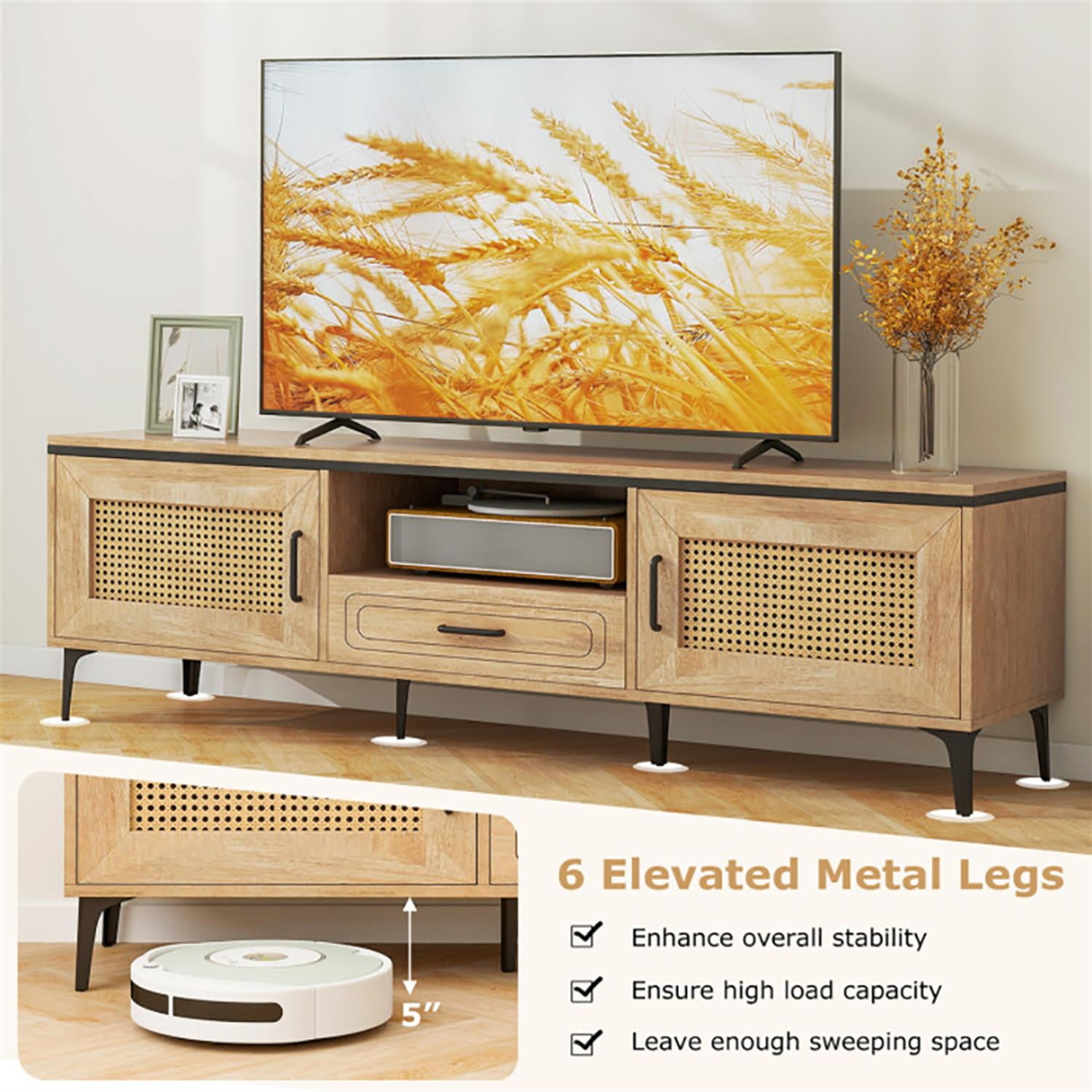 Demi Bonn TV Stand for 65" TVs, Entertainment Center with 2 Cabinets and Storage Drawer, Modern Media TV Console Table for Living Room Bedroom, Beige