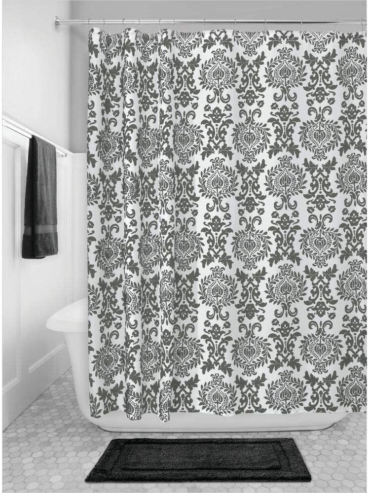 for Bathroom Showers Stalls and Bathtubs Easy Care Fabric Shower Curtain with Reinforced Buttonholes Charcoal Gray/White 72 x 84 Machine Washable mDesign Long Decorative Damask Print