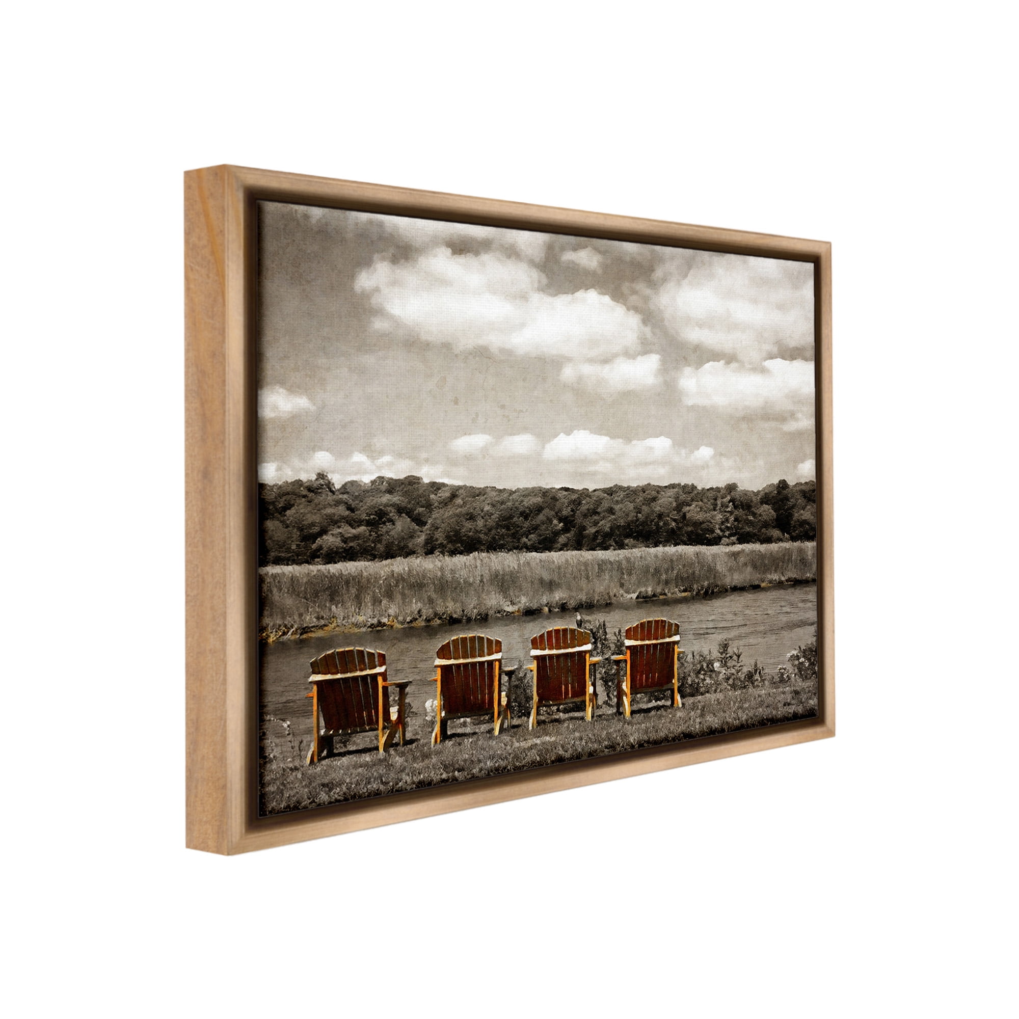 Stupell Industries Adirondacks Lake View Landscape Painting Brown Floater Framed Canvas Art Print Wall Art, 21 x 17