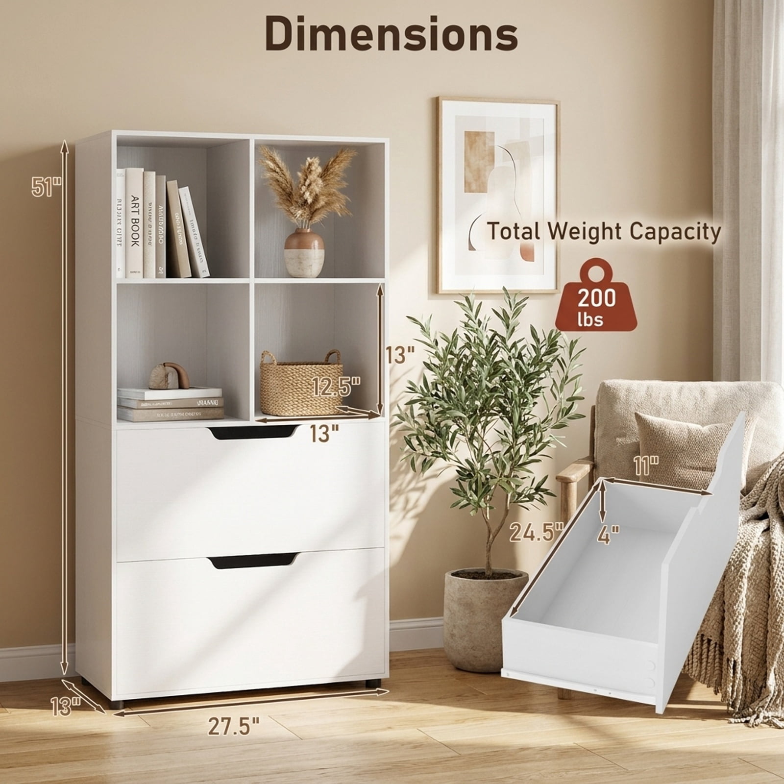 Furnibear 4-Cube Bookcase with 2 Drawers 51 inch 5-Tier Tall Freestanding Bookshelf for Living Room Home Office Bedroom Display Storage Shelf, White