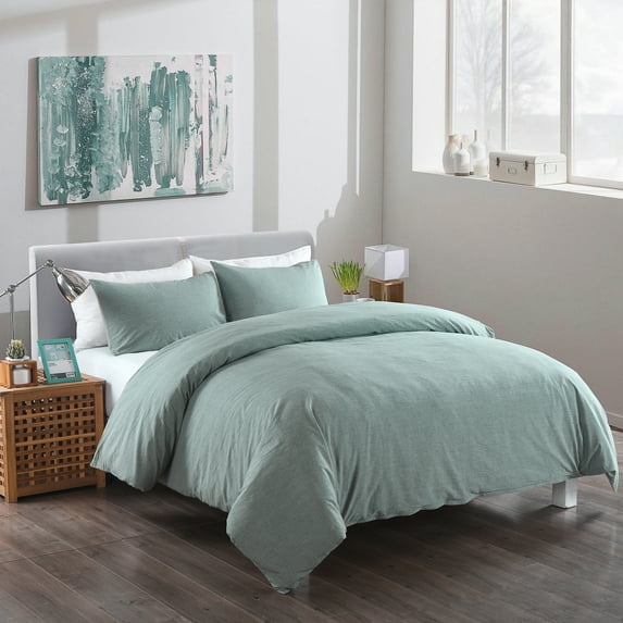 Messy Bed Washed Cotton Duvet Cover and Sham Set, Green, Full/Queen