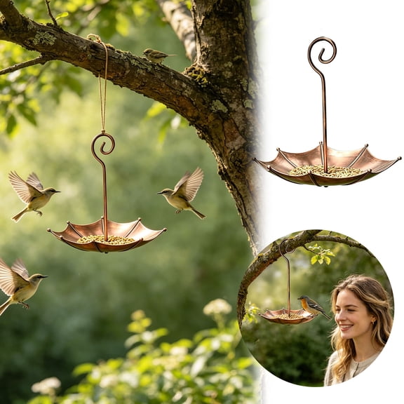Decorative Umbrella Bird Feeder, Copper Metal Hanging Tray for Wild Birds, Outdoor Garden Feeder for Backyard & Patio