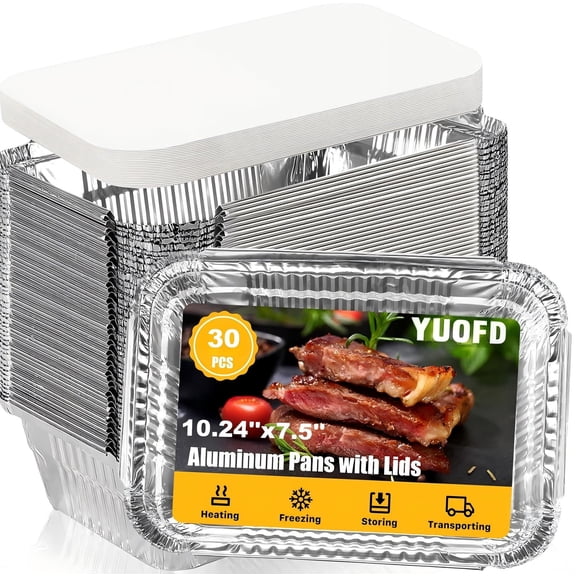 YUOFD 30 Pack Aluminum Pans Disposable Foil, Heavy Duty Foil Pans with Lids 10.24*7.5in Tin Pans Disposable Food Containers for Baking, Cooking, Heating, Storing and Food Prepping