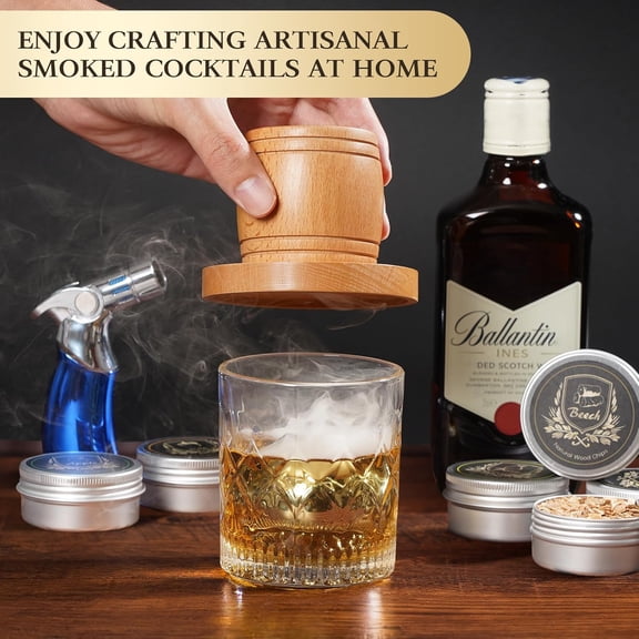 Whiskey Smoker Kit with Torch - Old Fashioned Cocktail Smoker Kit with 6 Flavors Wood Chips | 2 XL Stainless Steel Ice Balls & 2 Glasses, Christmas Bourbon Whiskey Gifts for Men, Dad(No  Included)