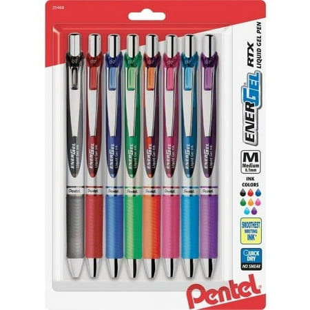 UPC: 0072512254684 | Pentel Liquid Steel Tip Gel Pens Medium Pen Point – 0.7 mm Pen Point Size – Refillable – Retractable – Assorted Gel-based Ink – Stainless Steel Tip – 8 / Pack