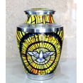 thumbnail image 1 of eSplanade Cremation Urn Memorial Container Jar Pot | Decorative Urns l Big Size Standard Urns | Metal Urns | Burial Urns | Metal - Yellow-White Pigeon Design - 10" Inches, 1 of 5