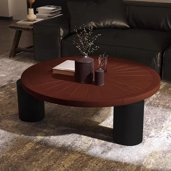 LSFA 35.4" Solid Wood Round Three-legged Dark Brown Modern Coffee Table for Living Room