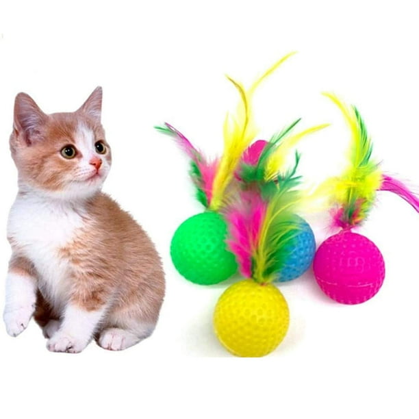 Paquete de 5 pelotas de juguetes para gatos, coloridas pelotas de esponja de Golf, pelotas de plumas para gatos, juguetes interactivos para hacer ejercicio, colores brillantes