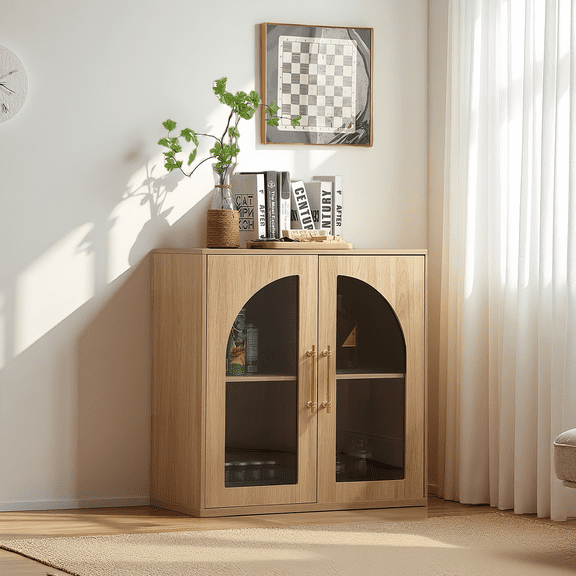 Modern Natural Buffet Sideboard, 31.5" Wide with 2 Arched Glass Doors & 2 Adjustable Shelves, Storage Cabinet for Living Room, Kitchen & Dining Room