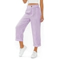 thumbnail image 3 of Yijfswar Womens Linen Cropped Pants Summer Wide Leg Striped Capri Casual Elastic Waist Drawstring Trousers with Pockets for Beach Vacation, Size L, 3 of 5