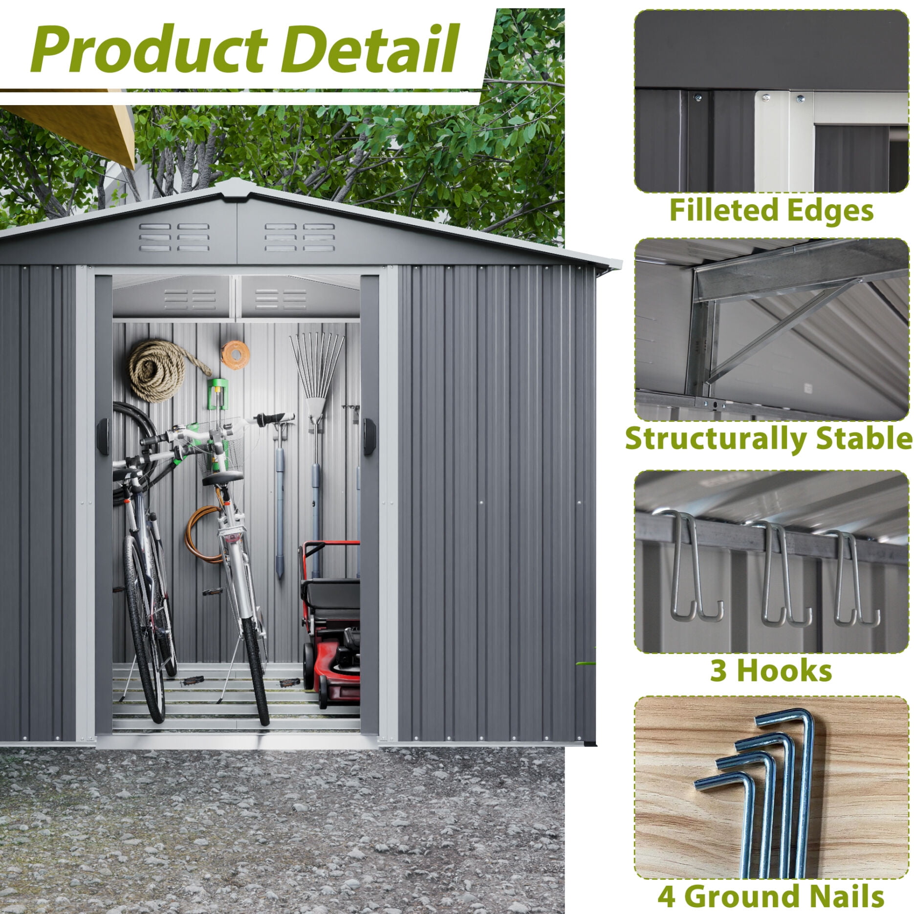 8x6 FT Outdoor Tool Storage Shed with Metal Foundation & Lockable Doors,  All Weather Metal Sheds for Garden, Patio, Backyard, Lawn, Gray