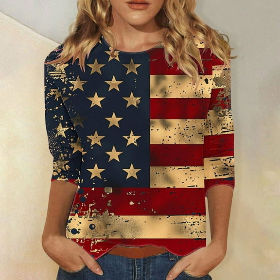 Cavosen Red White and Blue T Shirts Women Petite 4th of July 3/4 Sleeve Crewneck Tops American Flag Print T Shirts Lady XL Red White and Blue Casual Shirts Patriotic Tunic Tees Patriotic Outfits