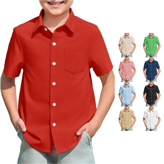 REDARER Kids Short Sleeve Button Down Shirt Chest Pocket Lightweight Summer Beach School Casual Tops School Uniform,7-8 Years