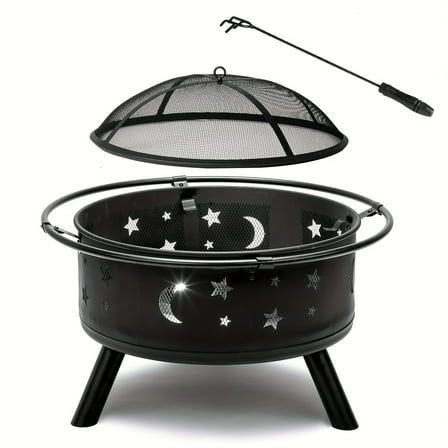 30in Black Steel Fire Pit - Wood Burning with Mesh Lid, Star & Moon Cut-Out Design, Carrying Ring - for Backyard, Patio & Garden