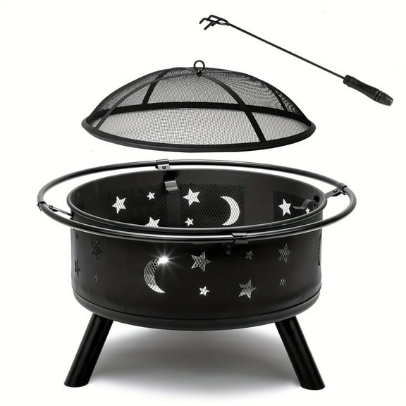 30in Black Steel Fire Pit - Wood Burning with Mesh Lid, Star & Moon Cut-Out Design, Carrying Ring - for Backyard, Patio & Garden
