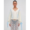 thumbnail image 3 of Yunliwuli Women's Long Sleeve Cropped Cardigan, Contrast Color V-Neck Tie Decor Knit Sweater Button Coat, 3 of 5