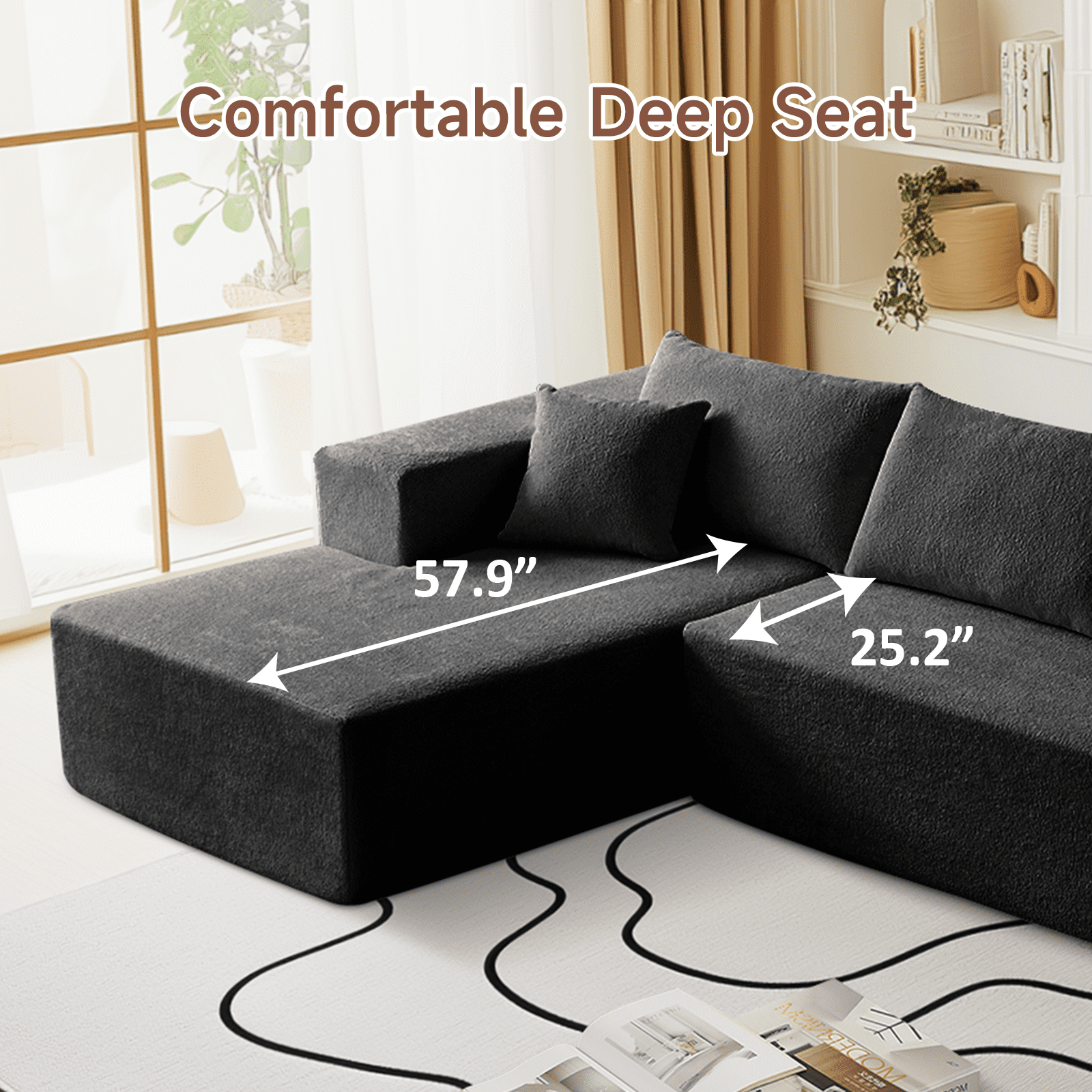 104" Sectional Sofa, L-Shaped Modern Modular High-Density Sponge Corner Sofa with Chaise Lounge & Pillows, Upholstered Cloud Couch for Living Room Bedroom Apartment