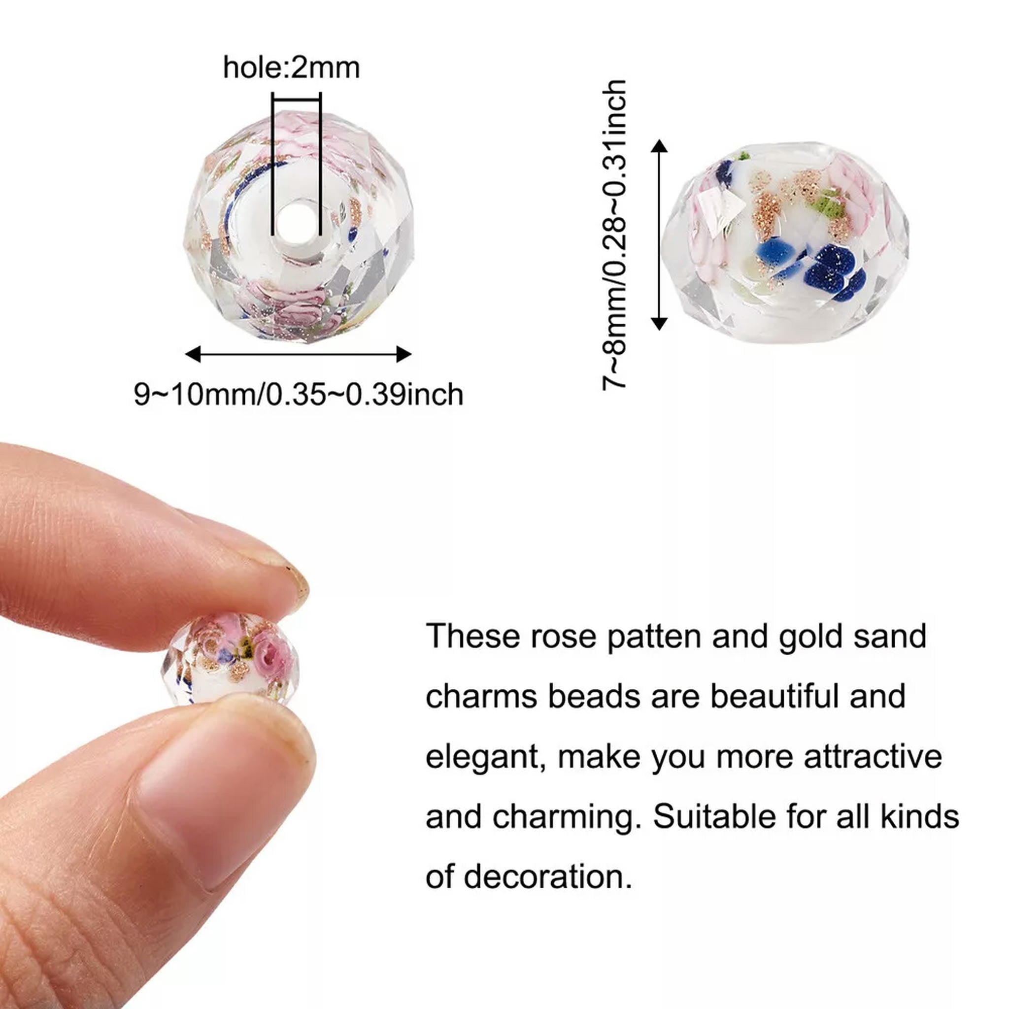 U8MO 60pc/Strd Faceted Rondelle Handmade Gold Sand Lampwork Inner Flower Beads 9~10mm
