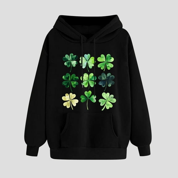 Womens St. Patrick'S Day Sweatshirt Clover Print Hoodie Casual Long Sleeve Sweatshirt Shamrock Pullover Tops Black XXL