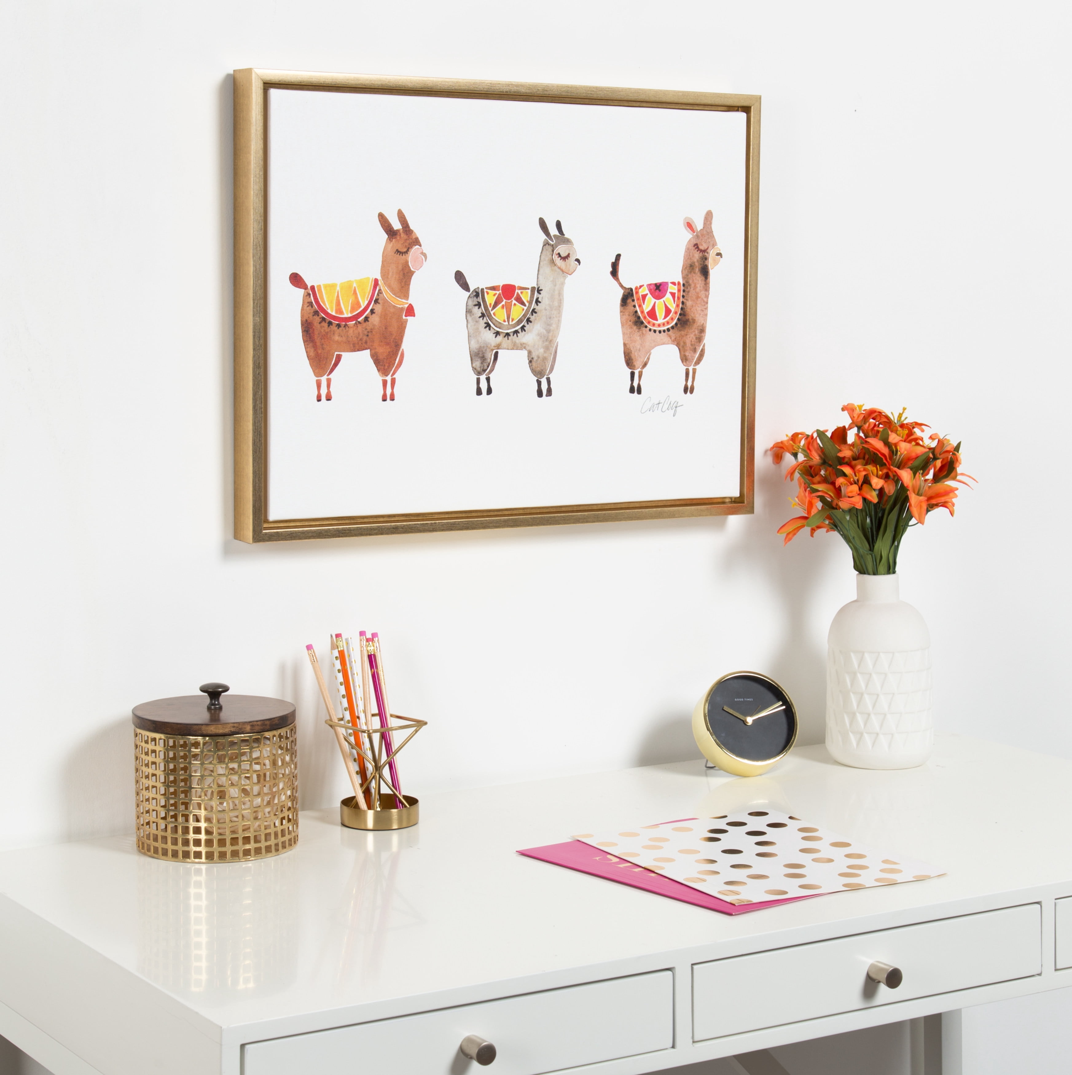 Kate and Laurel Sylvie Alpacas Horizontal Framed Canvas Wall Art by Cat Coquillette, 18x24 Gold