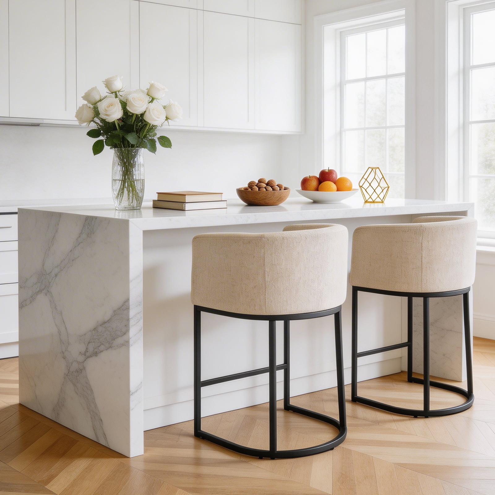 CONCETTA 27" H Bar Stool, Contemporary Counter Height Barstools with Linen Fabric Upholstered Seat, 350lbs Capacity Kitchen Island Chair, Bar Stools with Metal Sled Base and Footrest for Kitchen