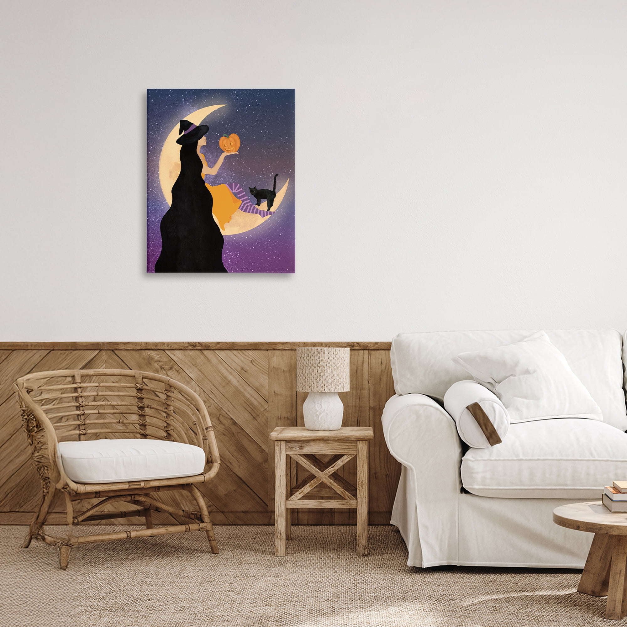 Stupell Industries Moonlit Witch Holding Jack-o-Lantern Canvas Wall Art, design by Daniela Santiago