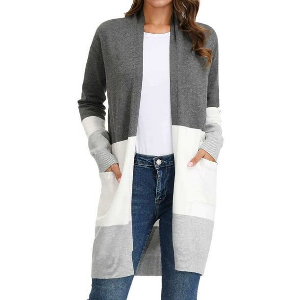 Grace Karin Women's Gray and White Long Cardigan Striped V-Neck Casual ...