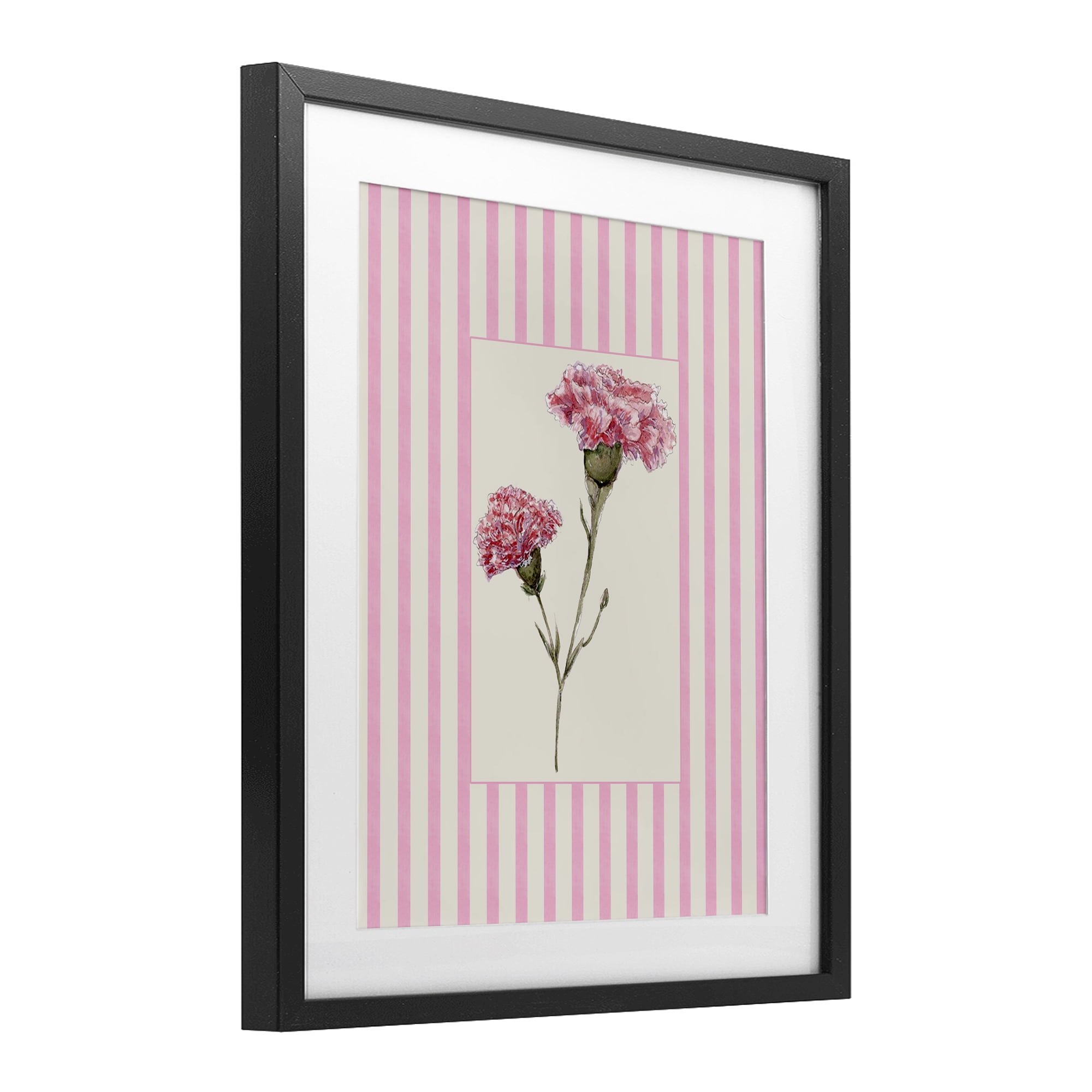 Pink Stripe Carnation Black Framed Print Under Glass, design by Lisa Wehmeyer