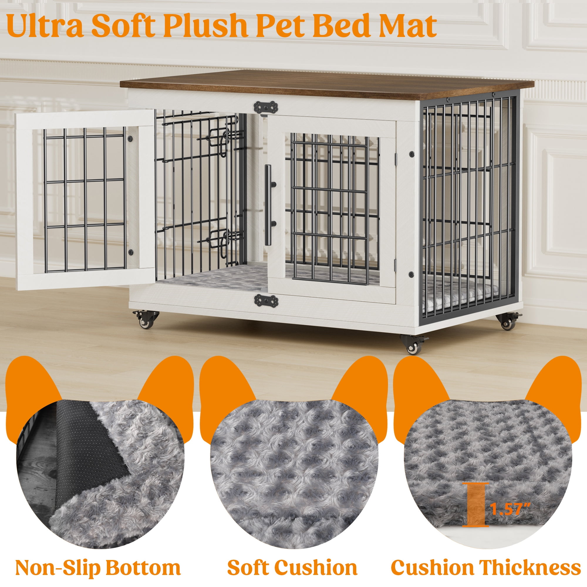 Aufeile Dog Crate Furniture with Wheels, 32 in Wooden End Table Dog Cage with 2 Doors and Removable Cushion, Indoor Pet Kennel for Medium Breeds, White